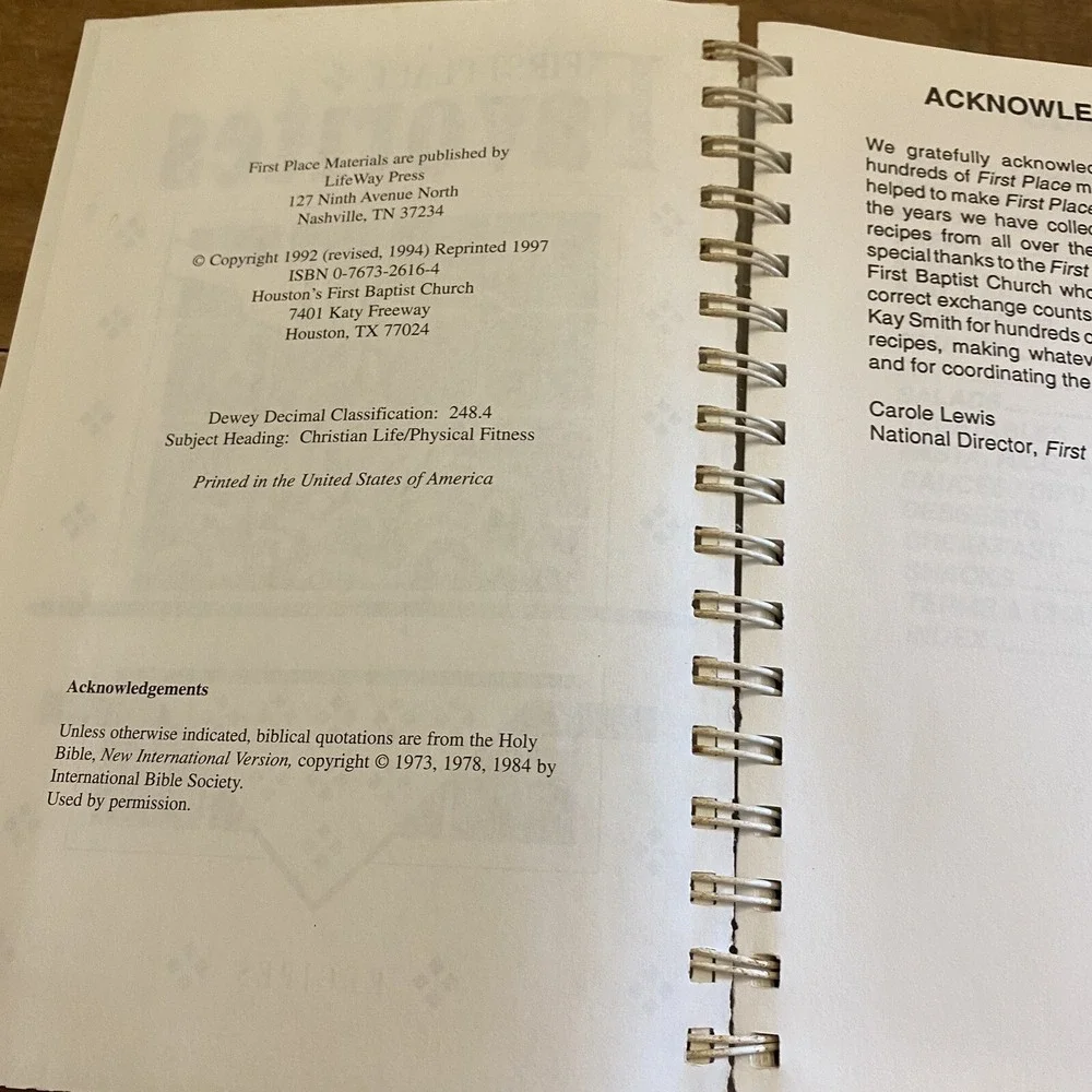 First Place Favorites Cookbook First Baptist Church Houston VTG Spiral 1997